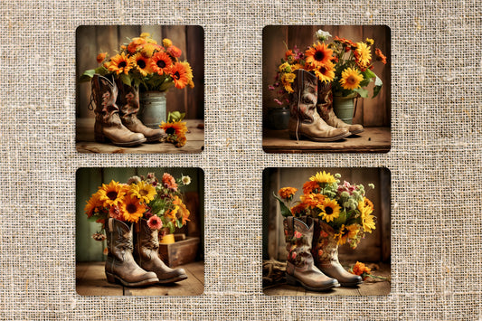 Boots & Flowers Coaster 4-Pack